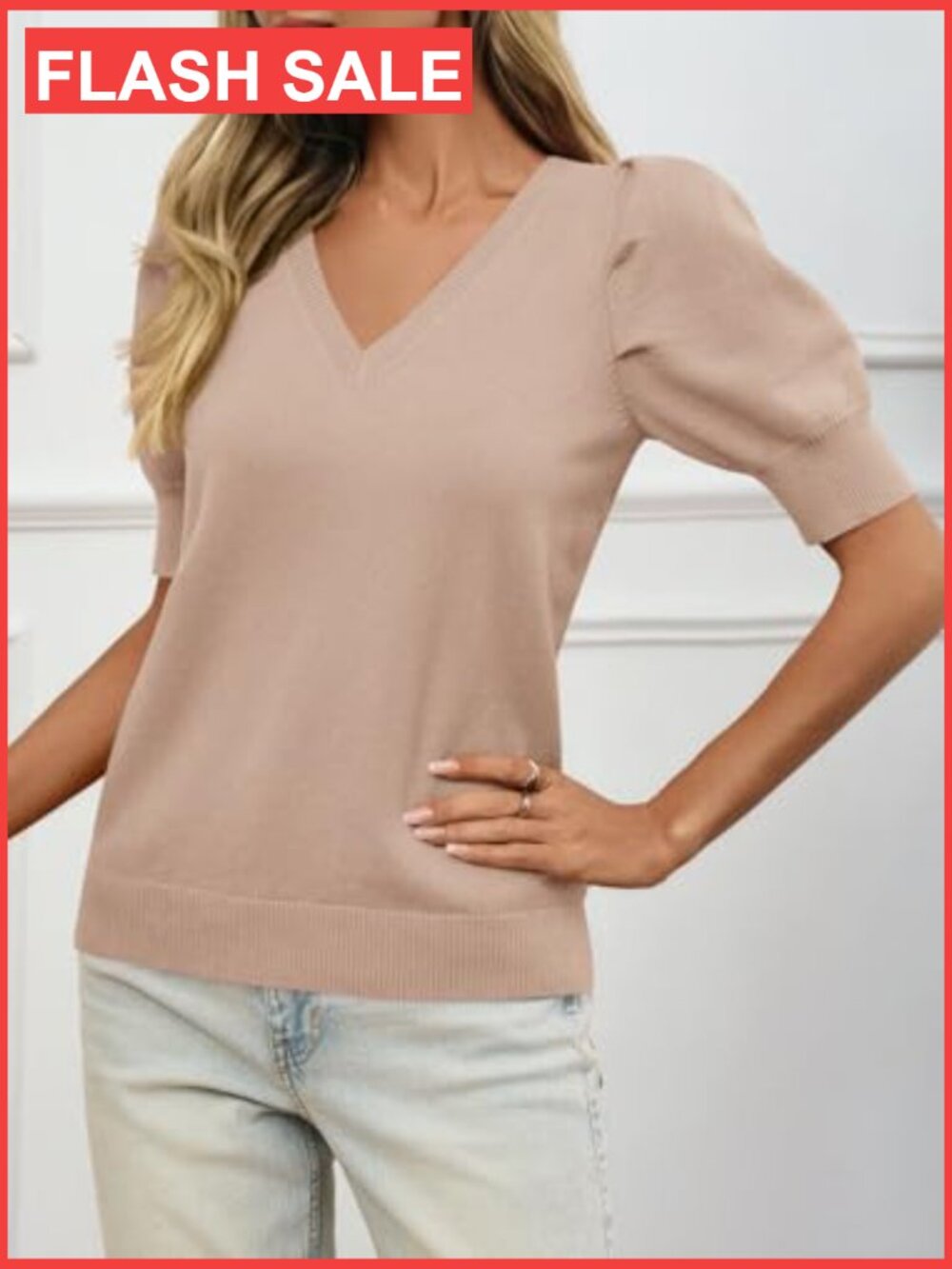 V-Neck Puff Short Sleeve Knit Pullover Sweater Blouse Casual Top - Picture 4 of 6